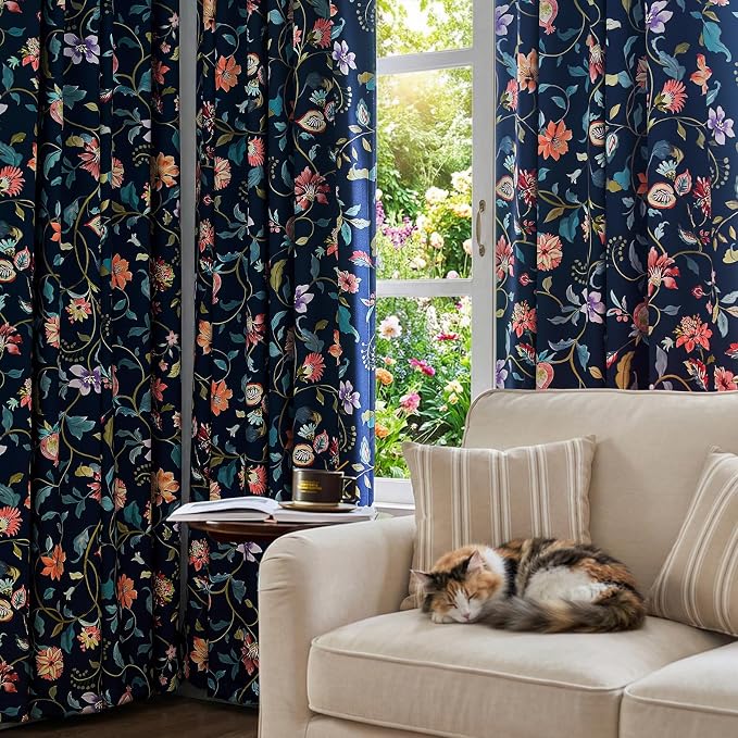 jinchan Dark Blue Floral Blackout Curtains 63 Inch Back Tab 2 Panels | Room darkening, light blocking, elegant vintage drapes, botanical floral print, bedroom, living room, window treatment