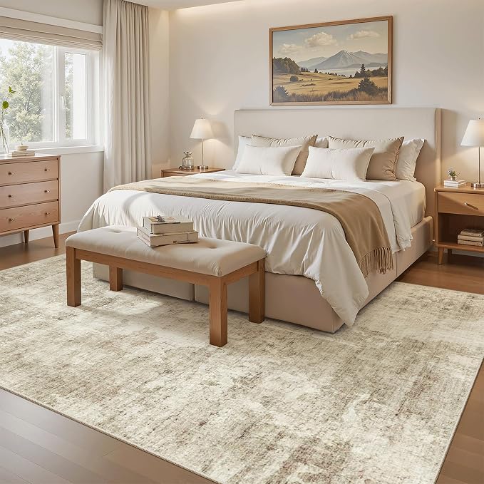 Soalmost Abstract 7x9 Area Rug for Living Room Washable Rugs Beige/Gray | Non-Slip Low-Pile Carpet for Dining Bedroom, Foldable Thin Vintage Stain Resistant Floor Mat Under Table Home Office Nursery
