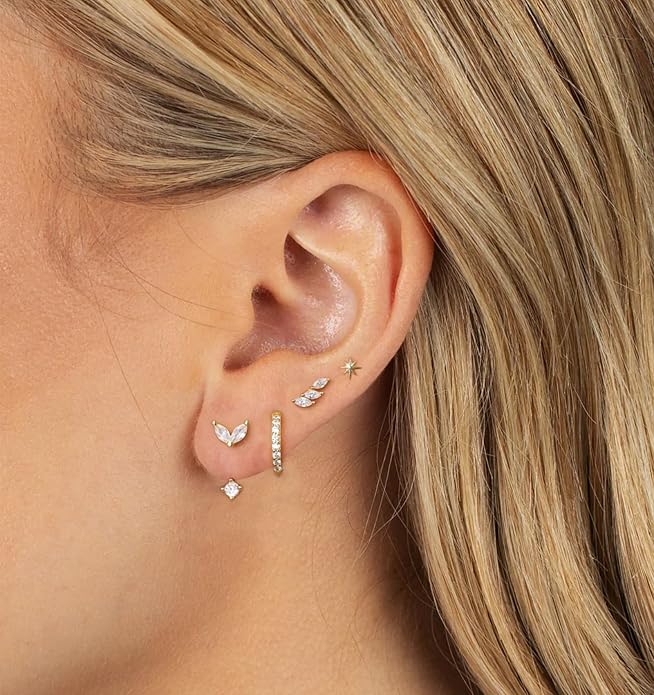 6 Pairs 14K Gold Plated Stud Earrings for Women, Hypoallergenic Cartilage Earrings for Multiple Piercing, Dainty Small Stackable Earrings Set for Jewelry Gift