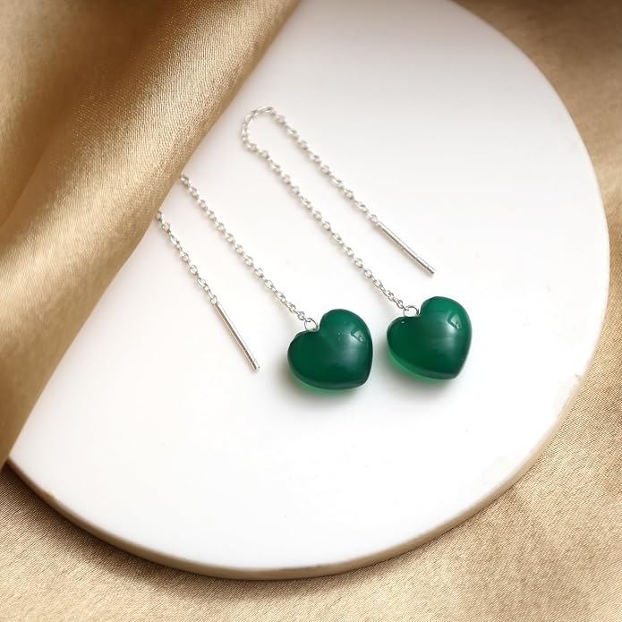 Gemstone Heart Shaped Threader Earrings in 925 Sterling Silver, Pull Through Adjustable, Versatile & Trendy, Perfect Valentine's Gift for Women, Choice of Gemstone Available