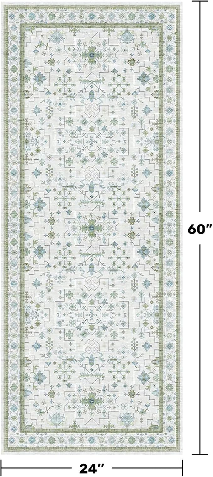 Hazo Haus Washable Oushak Bathroom Runner Rug 2x5 - Eclectic Boho Floral Pastel, Non Slip Low Pile Stain Resistant Small Throw Rug for Bedroom, Laundry Room, Powder Room, Cream Green