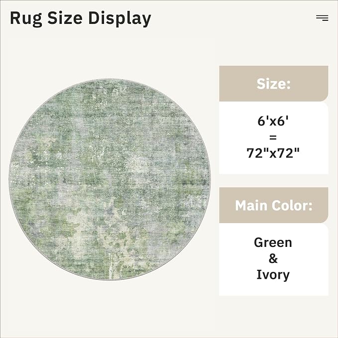 Soalmost 6x6 Green/Ivory Round Rug 6ft Living Room Circle Rug Vintage Round Area Rug Non Slip Indoor Carpet for Dining Room Bedroom