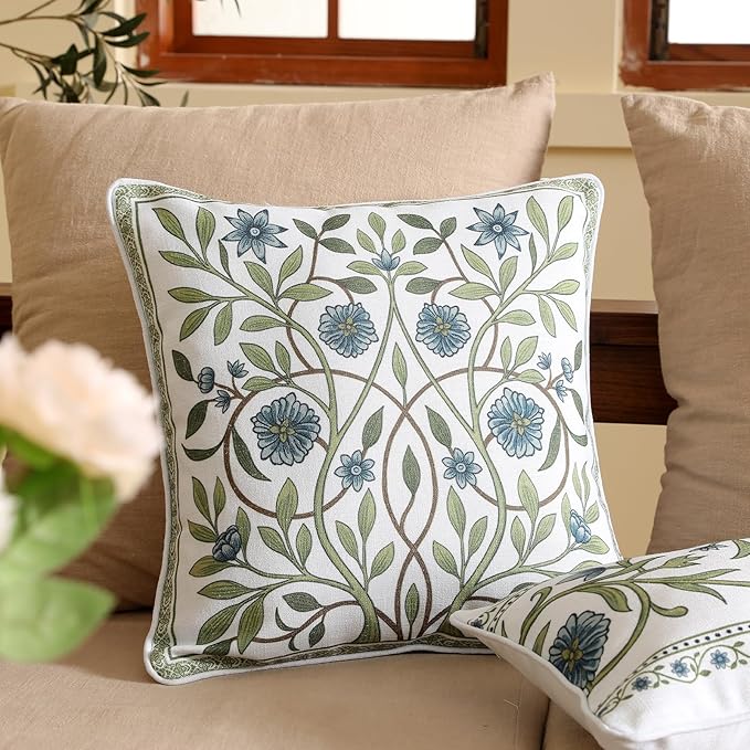 ISAENNE Designer Linen Throw Pillow Cover,Set of 2,18"x18"-Mosella A | Vintage Elegant Square Decor Pillow Cover,Concealed Zipper Design,Floral Pattern,Sofa,Bedroom,Living Room,Lounge Chairs
