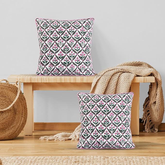 Ridhi Block Print Pink and White Pillow Cover 20" x 20" (Pack of 2) Decorative Couch Pillows for Living Room, Chic Boho Cute Outdoor Pillows Covers Gifts for Spring, Easter and Valentine