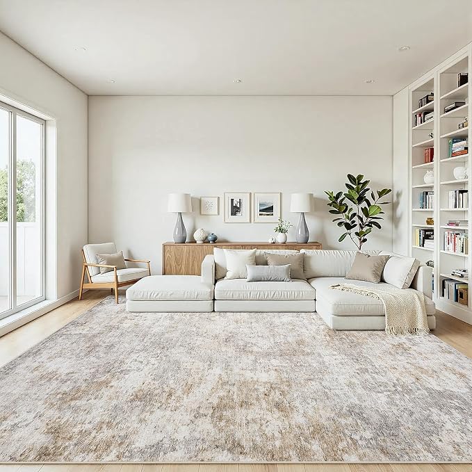 8x10 Area Rugs Living Room Rug Modern Abstract Neutral Washable Rugs Non Slip Soft Carpet Large Area Rug Low Pile Stain Resistant Non Shedding for Bedroom Nursery Dining Room Home Office Brown