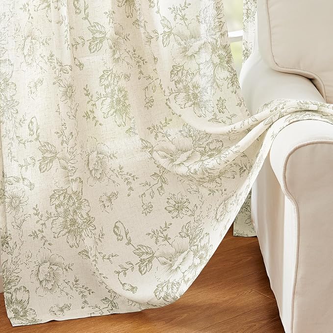 jinchan Green Floral Linen Curtains 63 Inch Vintage Back Tab 2 Panels | Light filtering drapes, semi sheer, farmhouse, cottagecore, rustic, living room, bedroom, rod pocket, window treatment
