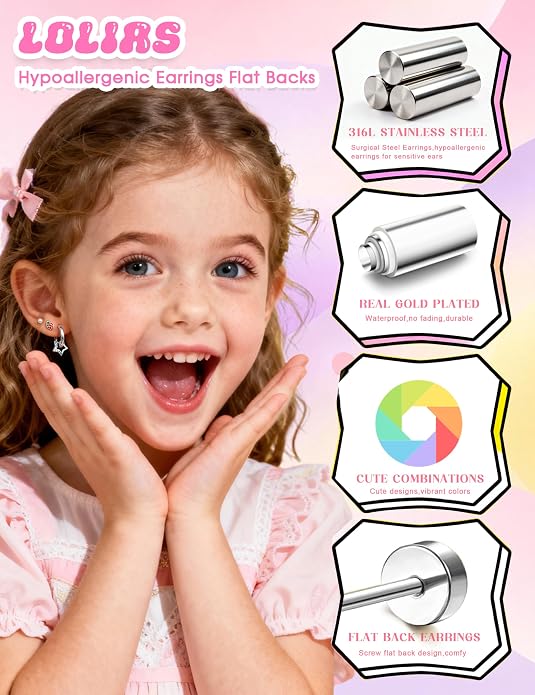 LOLIAS Hypoallergenic Earrings for Girls Flat Back-Stainless Surgical Steel Earrings for Sensitive Ears Women Cute Hoops Flatback Studs Screw Back Toddler Kids Teen Girls Earrings Jewelry