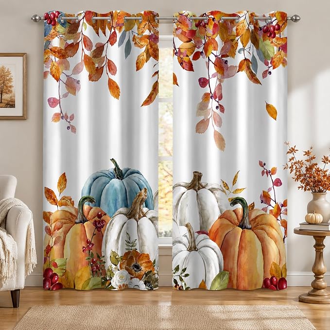 Pumpkin Window Curtains 52 x 63 Inches, Watercolor Fall Leaves Drapes with Blue White Orange Pumpkins, Autumn Farmhouse Curtains for Bedroom Living Room