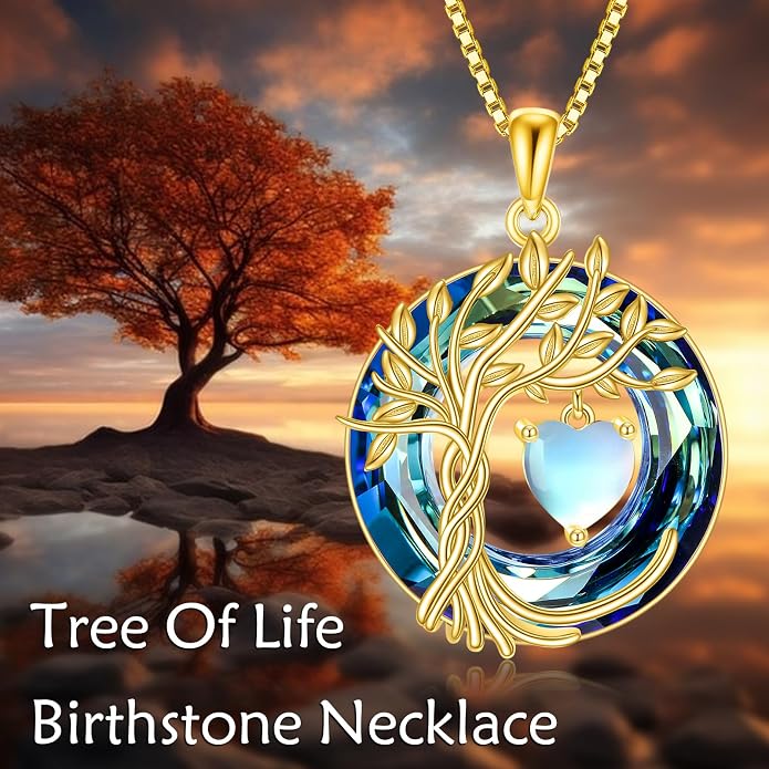POPLYKE Mothers Day Gifts for Mom Her Wife Tree of Life Necklace 925 Sterling Silver Birthstone Pendant with Crystal Anniversary Birthday Wedding Jewelry for Women