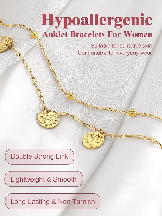 FOCALOOK 14K Gold Plated Anklets for Women Waterproof Plus Size Ankle Bracelet 8.5-10.5 Inch Adjustable Mariner/Figaro/Flat Snake/Cuban Link Chain Anklet Jewelry for Summer Beach Holiday