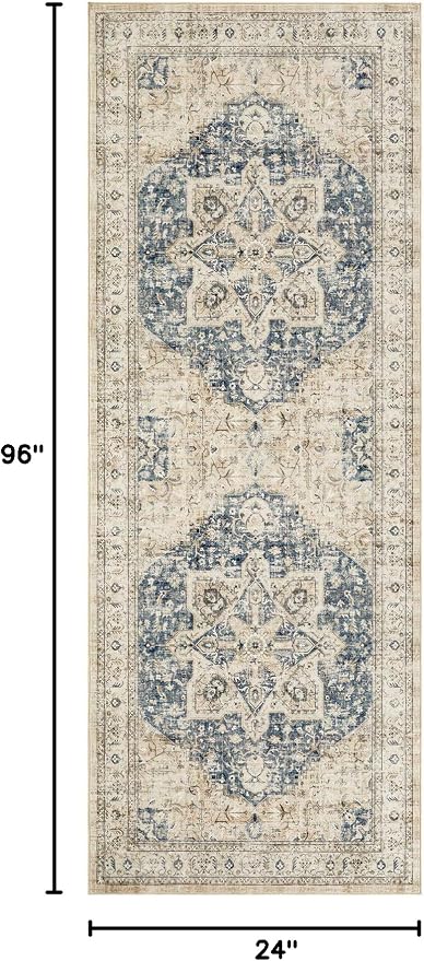 Tortania Area Rug 2x8 Runner Rugs - Washable Vintage Oriental Farmhouse Thin Indoor Carpet for Living Room Bedroom Hallway Entryway Kitchen Under Dining Table Home Office - Cream/Blue