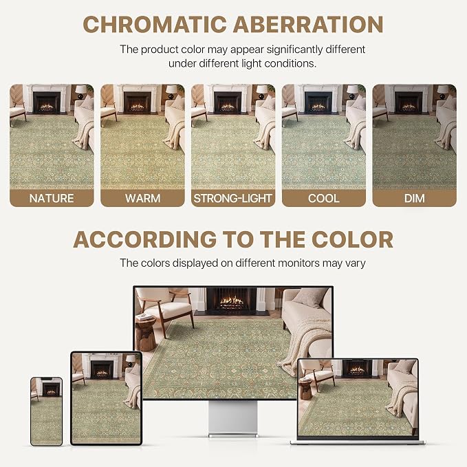 BESBLEE 6X9 Area Rugs Machine Washable Rugs for Living Room, Vintage Boho Large Rugs for Bedroom Dining Room, Non Slip Indoor Soft Distressed Lightweight Thin Low Pile Carpet, Deep Green