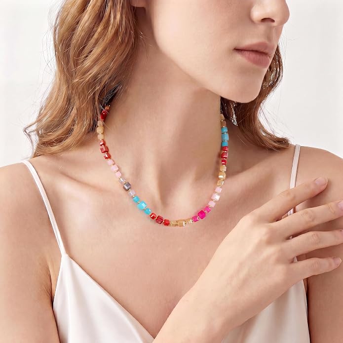 LALAPPLE Colorful Beaded Gemstone Necklace for Women, Boho Rainbow Bead Choker with Natural Stone Crystal Beads, Handmade Summer Beach Necklace Jewelry