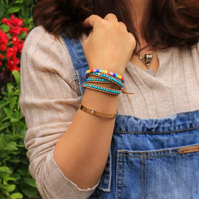 KELITCH Turquoise Beads Bracelets Leather 3 Wrap Bracelet Handmade Women Heart Jewelry