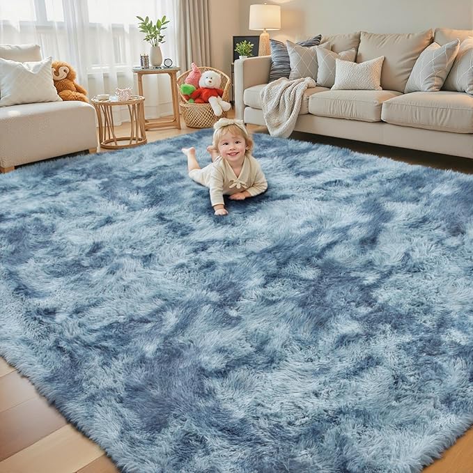 Area Rugs 9x12 Living Room,Large Area Rug Shaggy Carpet Soft Plush Furry Bedside Rug, Machine Washable Area Rugs for Bedroom Home Decor Non-Slip(9 x 12, Dark Blue Tie-Dyed)