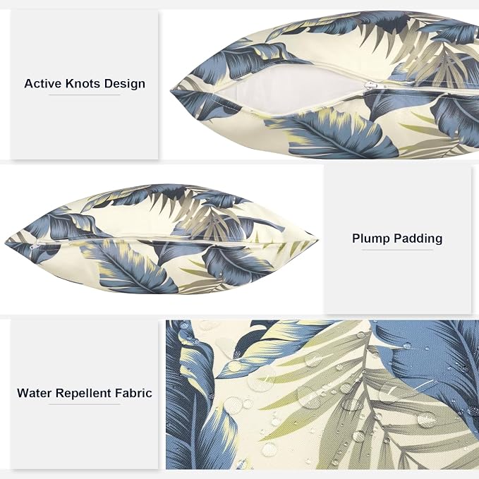 Outdoor 20x20 Inch Throw Pillows with Inners, Square Pillows Decorative Set of 2 for Home Garden Furniture, ‌Lush Palm Blue