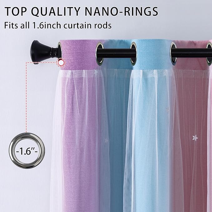 XiDi Blackout Rainbow Curtains for Girls Bedroom Double Layer with Sheer Curtains Grommets Top Star Cutout Ombre Window Drapes for Living Room Kids Nursery 2 Panels 42x72 Inch Length, Pink Purle