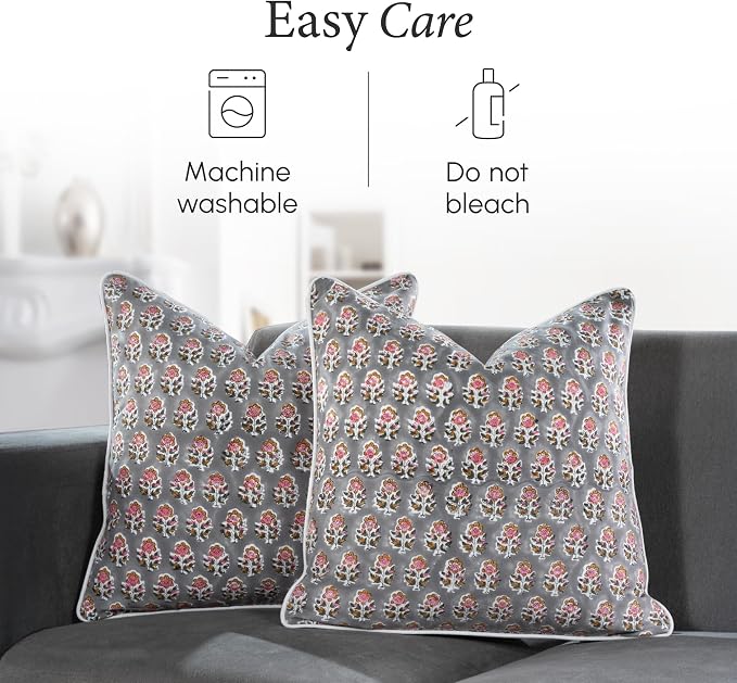 CPC 100% Cotton Throw Pillow Covers 24x24 Inch, Set of 2 Gray Block Print Pattern Couch Pillow, Cute Boho Decorative Pillows for Living Room, Bedroom with Hidden Zipper- Labra Gray