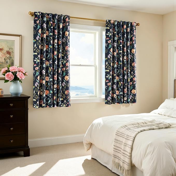 jinchan Dark Blue Floral Blackout Curtains 63 Inch Back Tab 2 Panels | Room darkening, light blocking, elegant vintage drapes, botanical floral print, bedroom, living room, window treatment