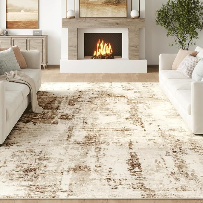 FMFUNCTEX 7x9 Washable Area Rug Brown Beige Neutral Abstract Modern Large Non Slip Carpet for Living Room Bedroom Soft Low Pile Indoor Mat Contemporary Throw Rug for Dining Kitchen Office Nursery