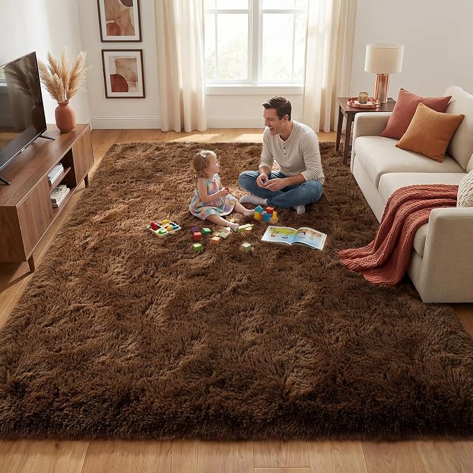Fluffy Rugs for Living Room: Coffee Brown Soft Shag Rug for Bedroom, Large Fuzzy Plush Indoor Carpet Non Slip Modern Rug for Nursery Kids Room Dorms Office Home Decor, 7x10 Feet
