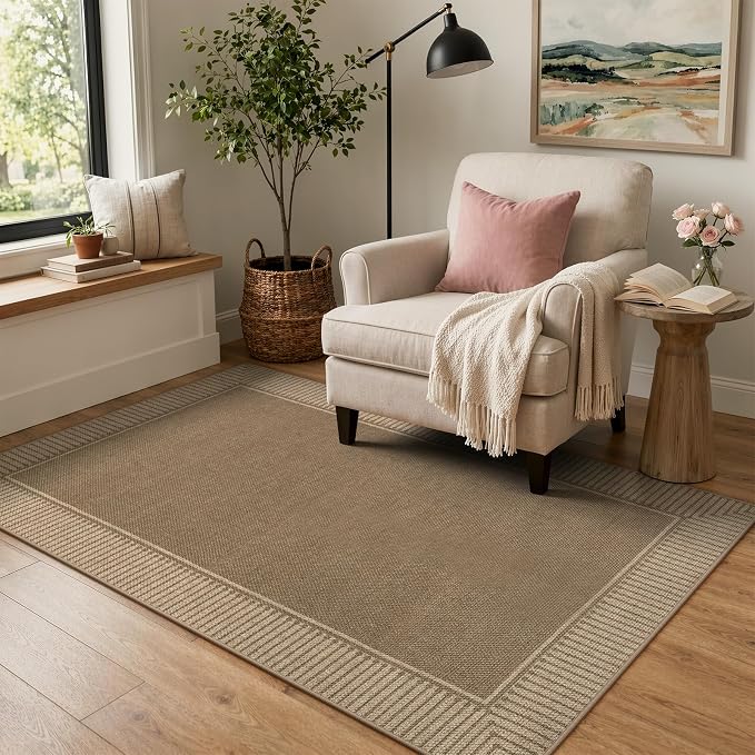 Moynesa Easy Jute Outdoor Rug 4x6, Brown Striped Border Washable Indoor Outdoor Patio Area Rugs, Farmhouse Neutral Non Slip Carpet for Living Room Bedroom Backyard