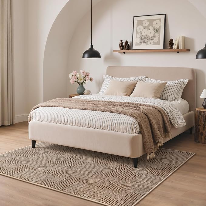 GENIMO Soft Washable Area Rugs 5x7, 3D Modern Arch Pattern Living Room Rug, High-Low Pile Textured Non Slip Carpet, Non-Shedding Stain Resistant Light Brown Rugs for Bedroom, Dining Room, Nursery