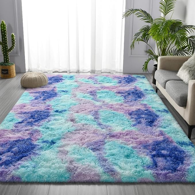 Deerhoo Shag Area Rug, 4 X 6 Tie-Dyed Plush Fuzzy Rugs for Living Room, Ultra Soft Fluffy Furry Rug for Bedroom, Indoor Carpet Nursery Rugs for Kids Room Home Decor, Rainbow