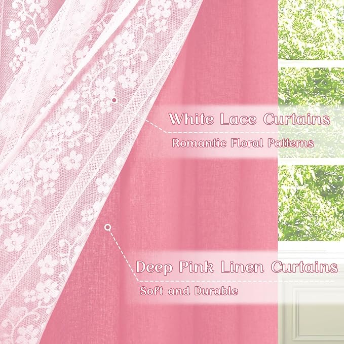 ASPMIZ Pink Kitchen Curtains Double Layer Curtains with Linen Lace, Linen Kitchen Window Curtain 24 inch Length Farmhouse Tier Curtain for Small Windows Rod Pocket Window Treatments for Cafe Bathroom