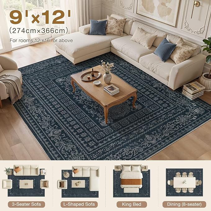 Nakagishi 9x12 Area Rugs Living Room: Washable Large Vintage Rug Neutral Non-Slip Soft Stain Resistant Indoor Carpet for Bedroom Nursery Dining Room Office Playroom - Navy
