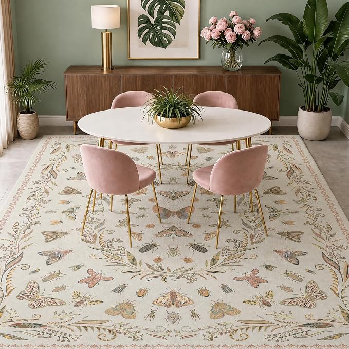 Lunasun Insect Beige Pink Rug for Living Room - 9x12 Cute Rugs for Bedroom, Moth Floral Boho Design, Low Pile Stain Resistant Washable, Perfect for High Traffic Area