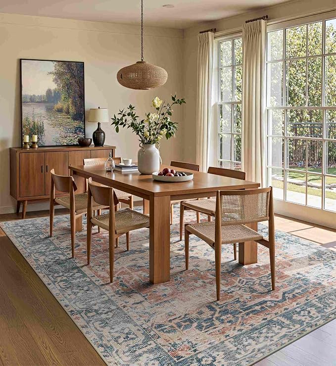 Rugxara Area Rugs 5x7 Washable Rug for Living Room Bedroom, Coral Blue | Non Slip, Rug for Dining Room Office Farmhouse Dorm, Stain Resistant, Soft, Vintage Boho Retro Carpet, Low Pile, Home Decor