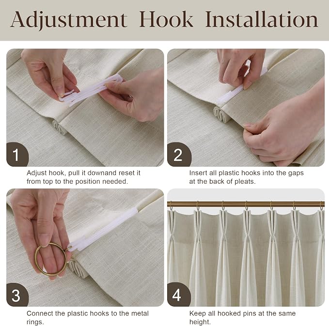 Beige Pleated Linen Curtains 105 Inch Length 2 Panels Set Semi Sheer Light Filtering Light Tan Window Drapes for Living Room Modern Viral Pinch Pleated Curtains 105 Inches with Hooks Rings Clips