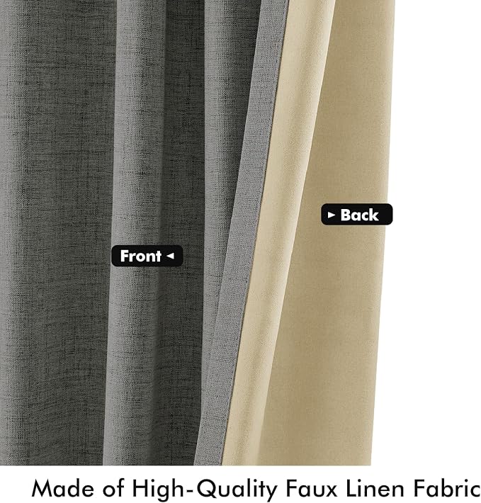 MIULEE 100% Blackout Linen Curtains 42 x 90 Inch Dark Grey 2 Panels | Thermal Insulated, Room Darkening Drapes for Bedroom Living Room, Back Tab Rod Pocket Pinch Pleated, Solid Luxury Decor
