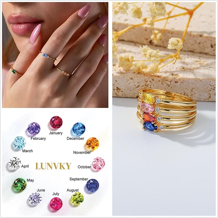Lunvky 14k Gold Plated Birthstone Rings for Women Teen Dainty Stackable Pinky Rings Non Tarnish CZ Emerald Green Gemstone Thumb Finger Band Ring Cute Jewelry Birthday Gift Size 6-11