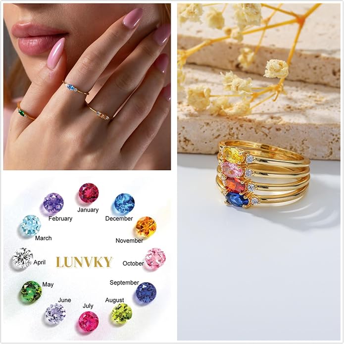 Lunvky 14k Gold Plated Birthstone Rings for Women Teen Dainty Stackable Pinky Rings Non Tarnish CZ Emerald Green Gemstone Thumb Finger Band Ring Cute Jewelry Birthday Gift Size 6-11