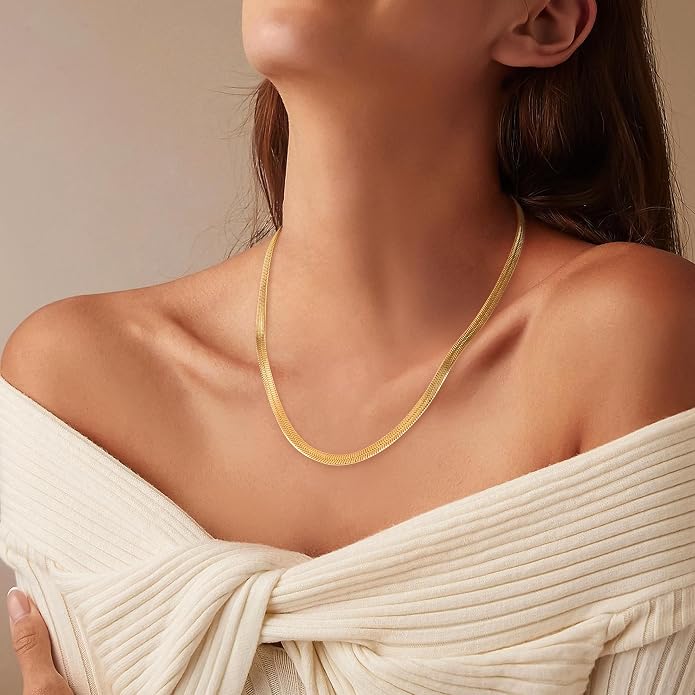 Jewlpire 3mm 4mm 5mm Herringbone Necklace 18K Gold Plated 925 Sterling Silver Chain Necklace for Women, Flat Snake Chain Necklace, Women's Chains Necklaces 16 18 20 22 24 Inch