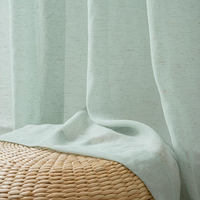 FMFUNCTEX Grey Flax Linen Sheer Curtains 63 Inch Long Rod Pocket 2 Panels | Semi Sheer Window Drapes Grey for Bedroom and Living Room, Farmhouse French Window Curtain Privacy