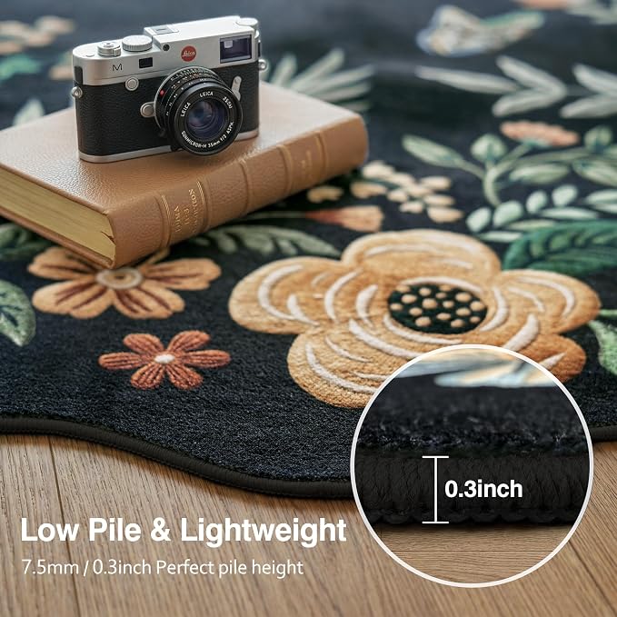 FMFUNCTEX 6x9 Washable Black Floral Vintage Flower Area Rug for Living Room | Colorful Traditional Boho Distressed Soft Non Slip Low Pile Large Indoor Thin Carpet Bedroom Dining Room Nursery, Black/Grey