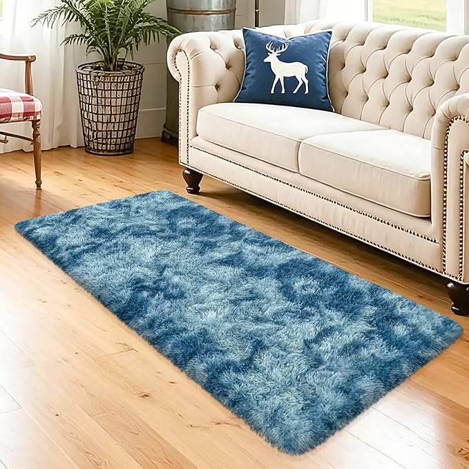 2x5 Feet Soft Fluffy Blue Runner Rug for Bedroom Living Room, Washable Plush Shag Carpet for Nursery Dorm, Fuzzy Bedside Rug for Kids Girls Room, Aesthetic Home Decor