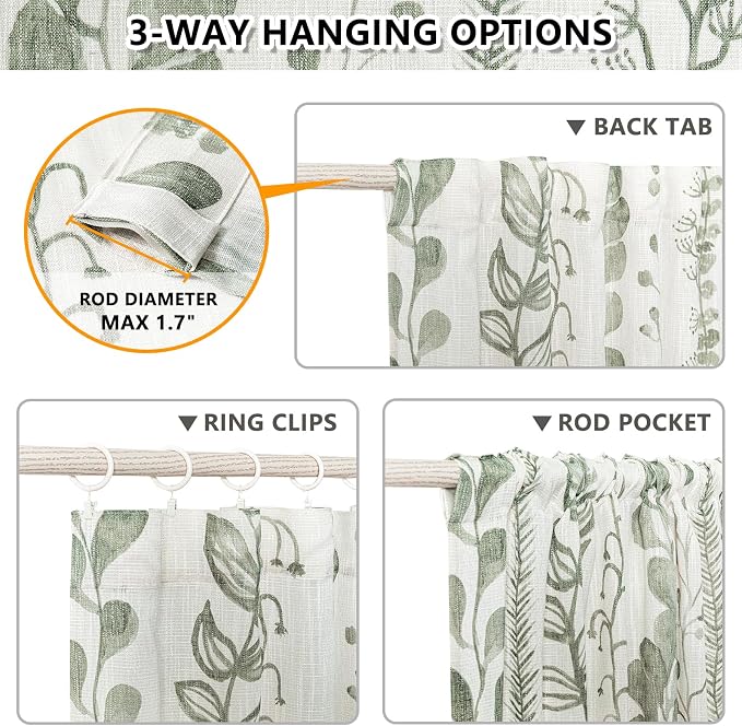 MEETSKY Sage Green Curtains 72 Inches Long 2 Panels Boho Curtains for Living Room Light Filtering Patterned Drapes for Bedroom Linen Style Back Tab Leaf Print Window Treatment, 50” Wide Each Panel