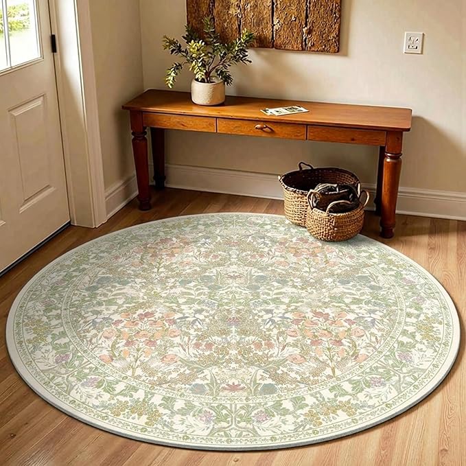Lunasun Sage Green Round Nursery Rug 5ft - Pastel Circular 5x5 Rug for Kids Room, Living Room, Bedroom, Playroom, Home Office, Washable Non Slip Cozy French Country Style Aesthetic Room Decor