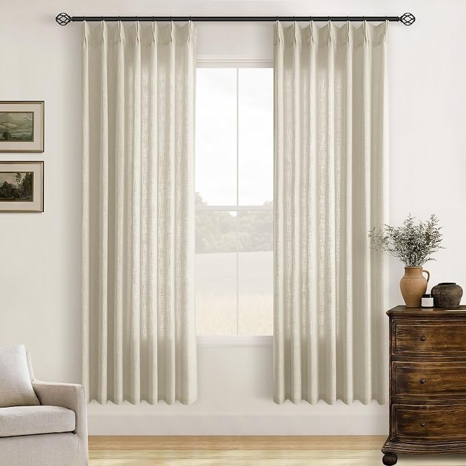 Linen Beige Pinch Pleated Semi Sheer Curtains 78 Inches Long 2 Panels Set | Memory Shape Trained, Neutral for Living Room Bedroom Cabin Closet, 400GSM Flax Fabric, Pinch Pleat with Hooks Rings Back Tab