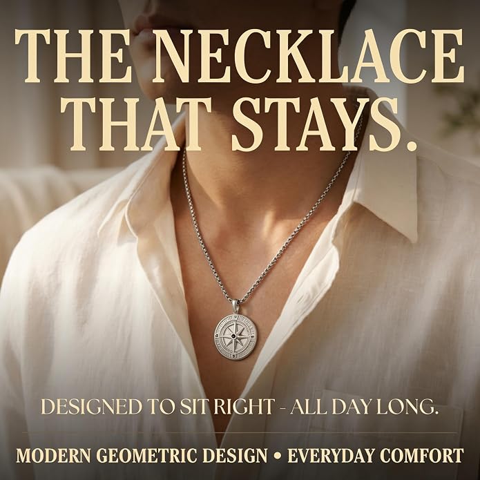 Galis Mens Necklace - Premium Stainless Steel Silver Chain Necklace, Non Tarnish, Chains, Triangle, Cross, Black Enamel, Compass Pendant, Stylish Jewelry - Gift for Him 24"