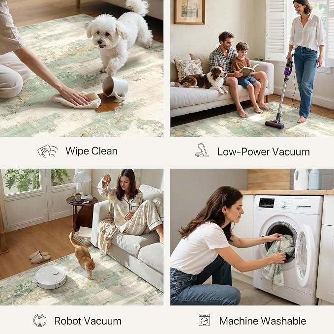 GENIMO Abstract Area Rug 8x10, Washable Large Modern Rug Non Slip, Low Pile Lightweight Soft Carpet for Living Room, Bedroom, Dining Room, Sage Cream