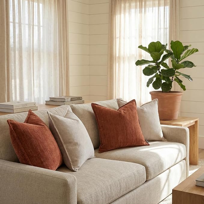 18x18 Inches Throw Pillow Covers Set of 4 Soft Textured Chenille Decorative Cushion Cases for Couch Sofa Bed Modern Farmhouse Neutral Accent Covers with Hidden Zipper Beige Orange