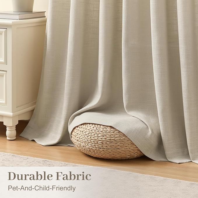 Pinch Pleated Linen Curtains 96 Inches Long for Living Room, Semi Sheer Light Filtering Memory Trained Pleated Curtain Back Tab Drapes for Farmhouse with Hooks Rings, Burlywood Birch, 2 Panels