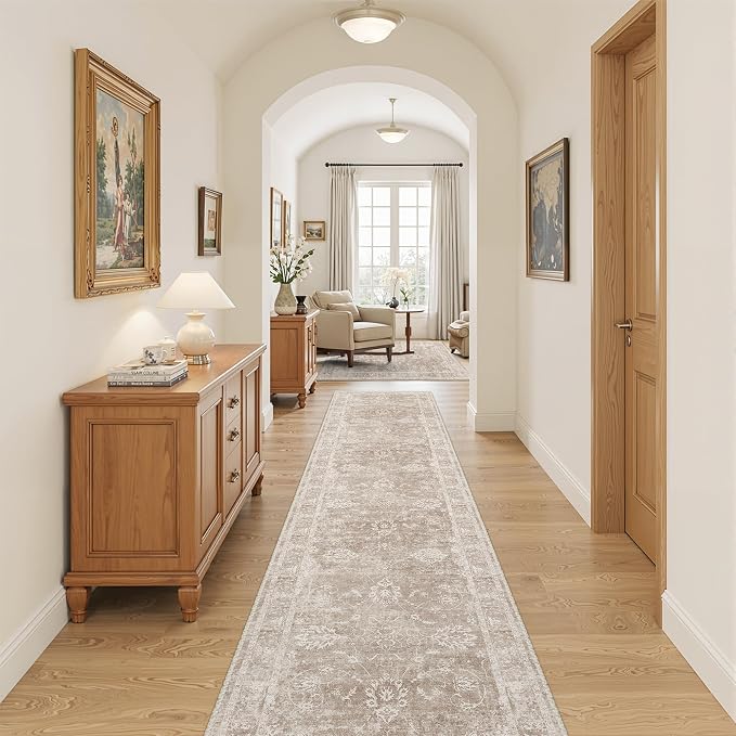 Madane Runner Rug 2x12 for Hallway, Kitchen Non-Slip Runner Rug with Rubber Backing, Vintage Soft Low Pile Throw Neutral Carpet Runner for Laundry Room Entryway Bathroom Bedroom (2 x 12, Brown/Sand)