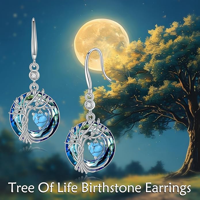 POPLYKE Tree of Life Birthstone Earrings 925 Sterling Silver Dainty Gemstone Birthstone Dangle Drop Earring with Crystal Fine Jewelry Birthday Gifts for Women Her