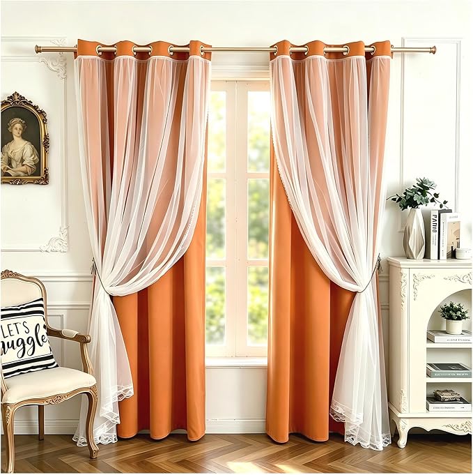 Orange Blackout Curtains 84 Inches Long - Double Layer Curtains,Sheer Voile with Light Block Panels Mix & Match Window Decor for Bedroom Dining Room, 52"x84", 2 PCs